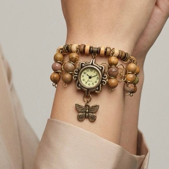 Handmade Boho Butterfly Watch Bracelet NEW Battery Wood & Stone Bead Cuff main image 6